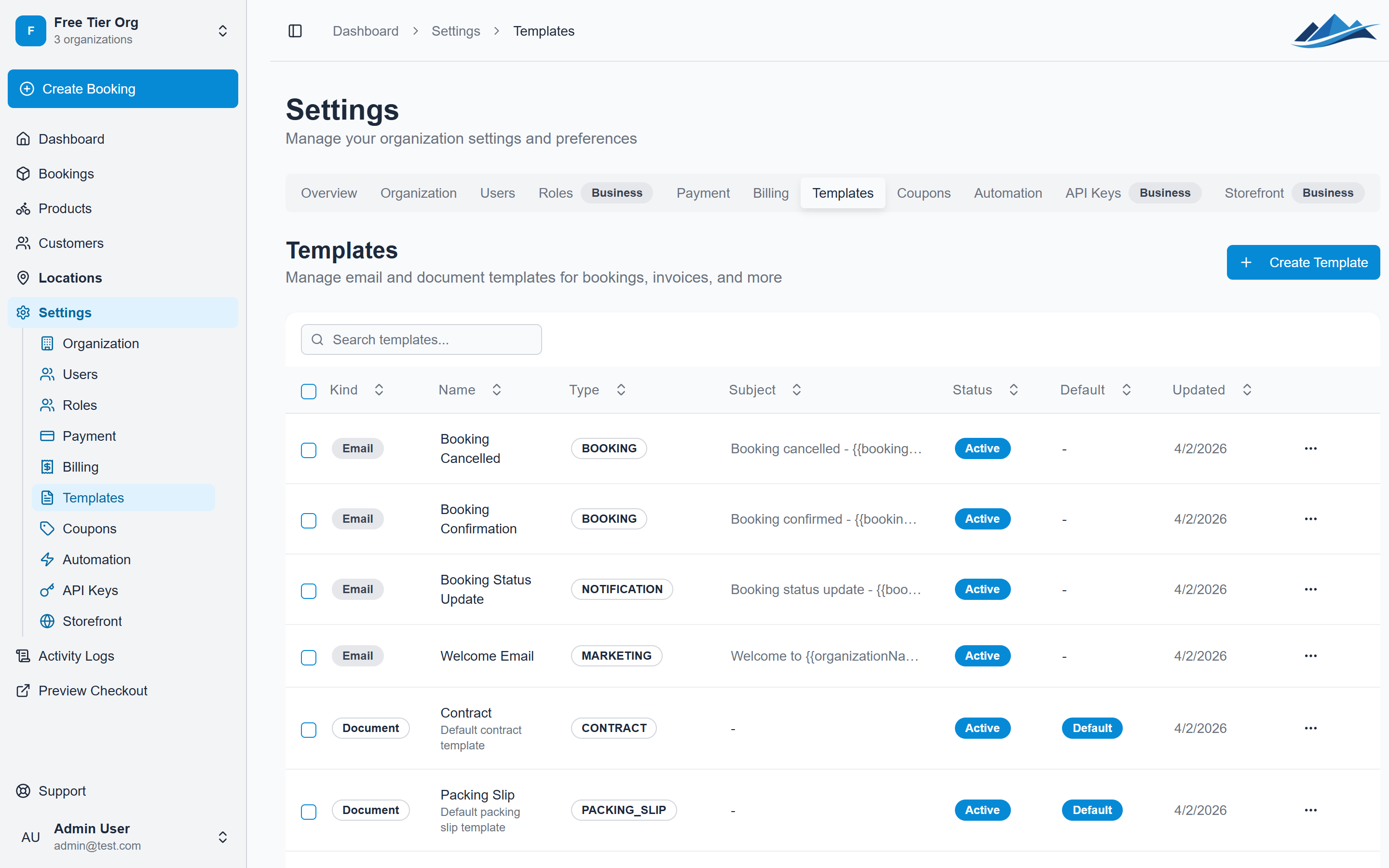 The templates page showing email and document templates