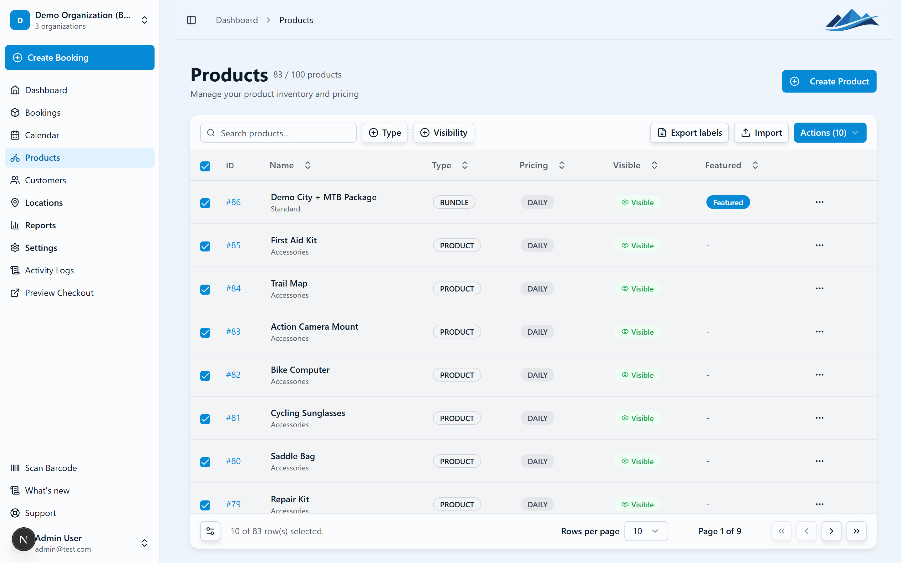 Selecting rows reveals the bulk-action bar