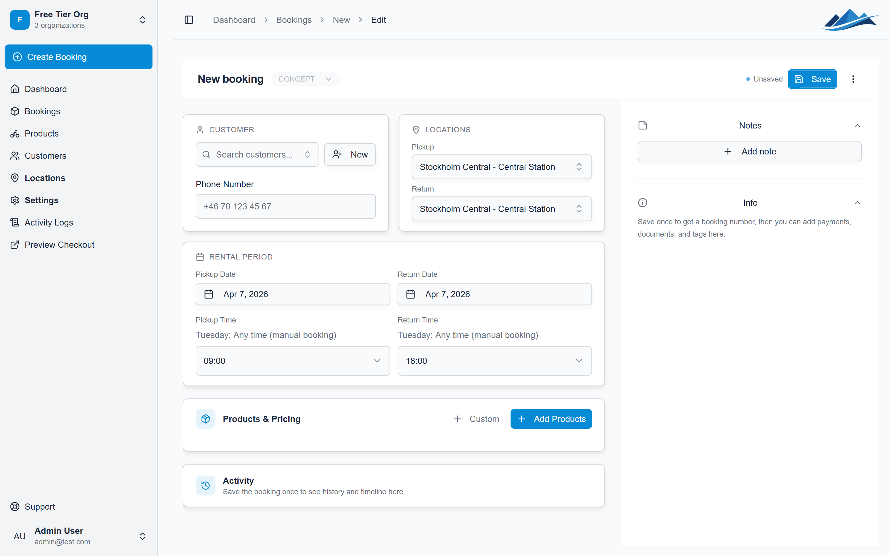 The create booking form