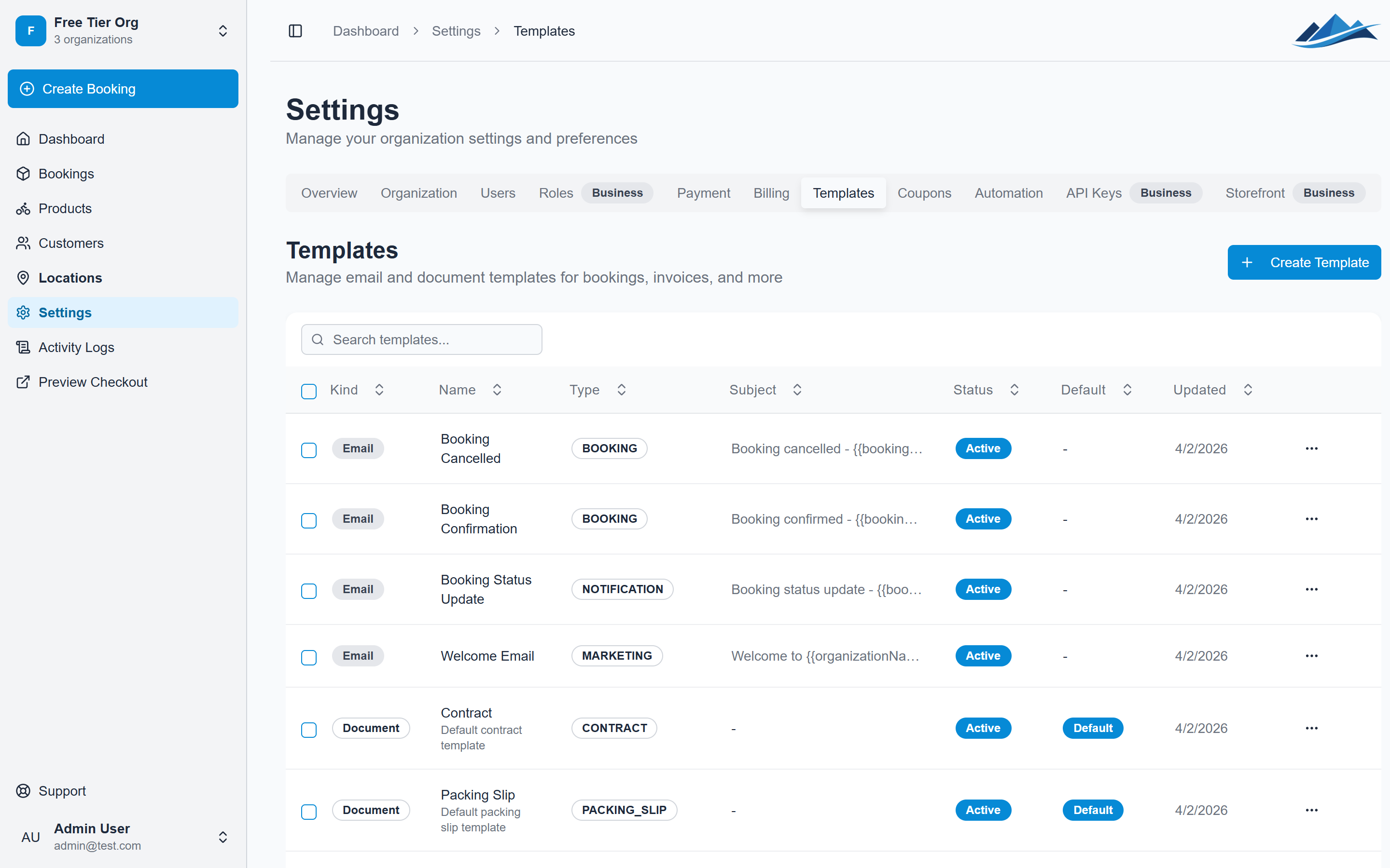 Email templates in settings