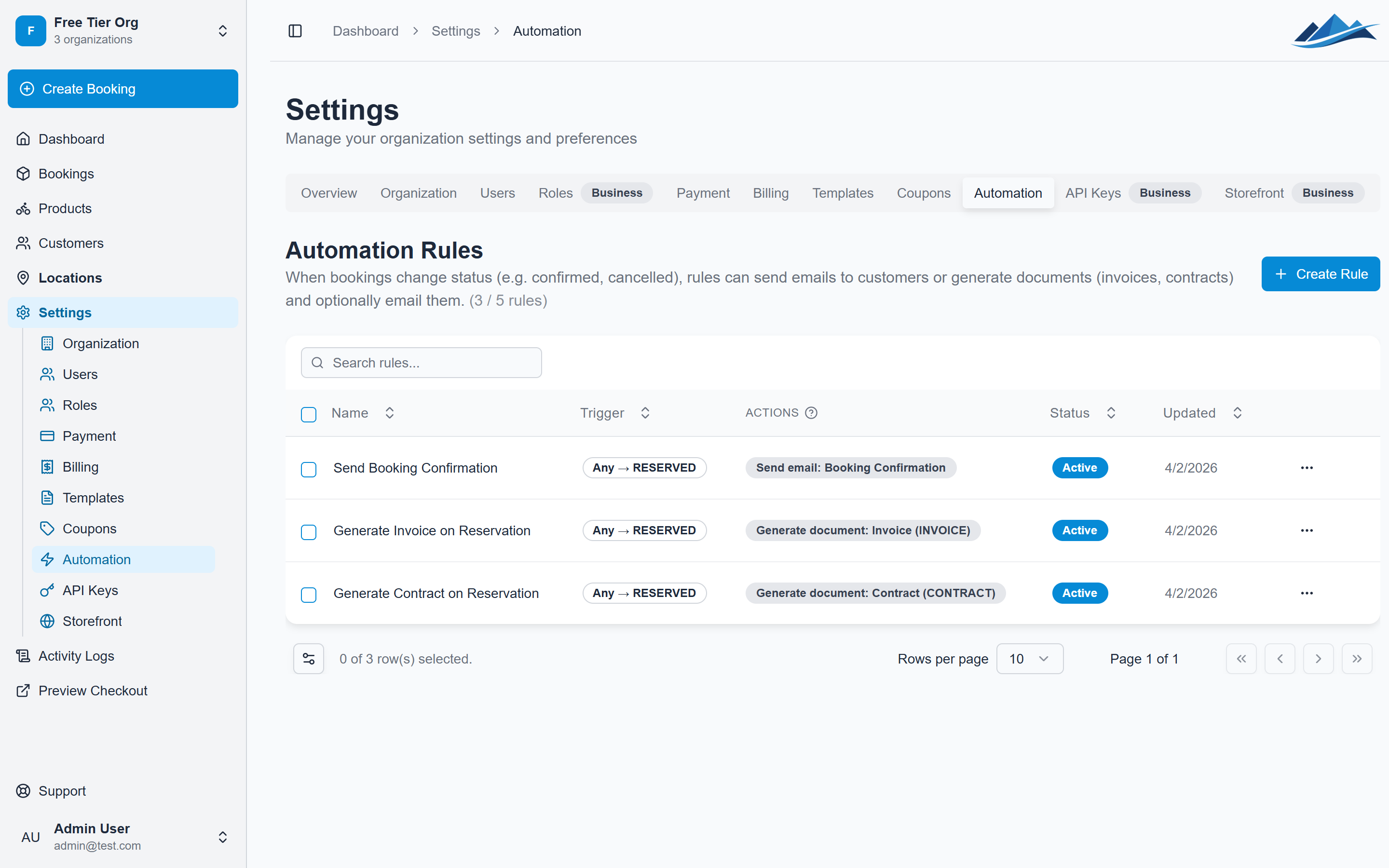 The automation rules page