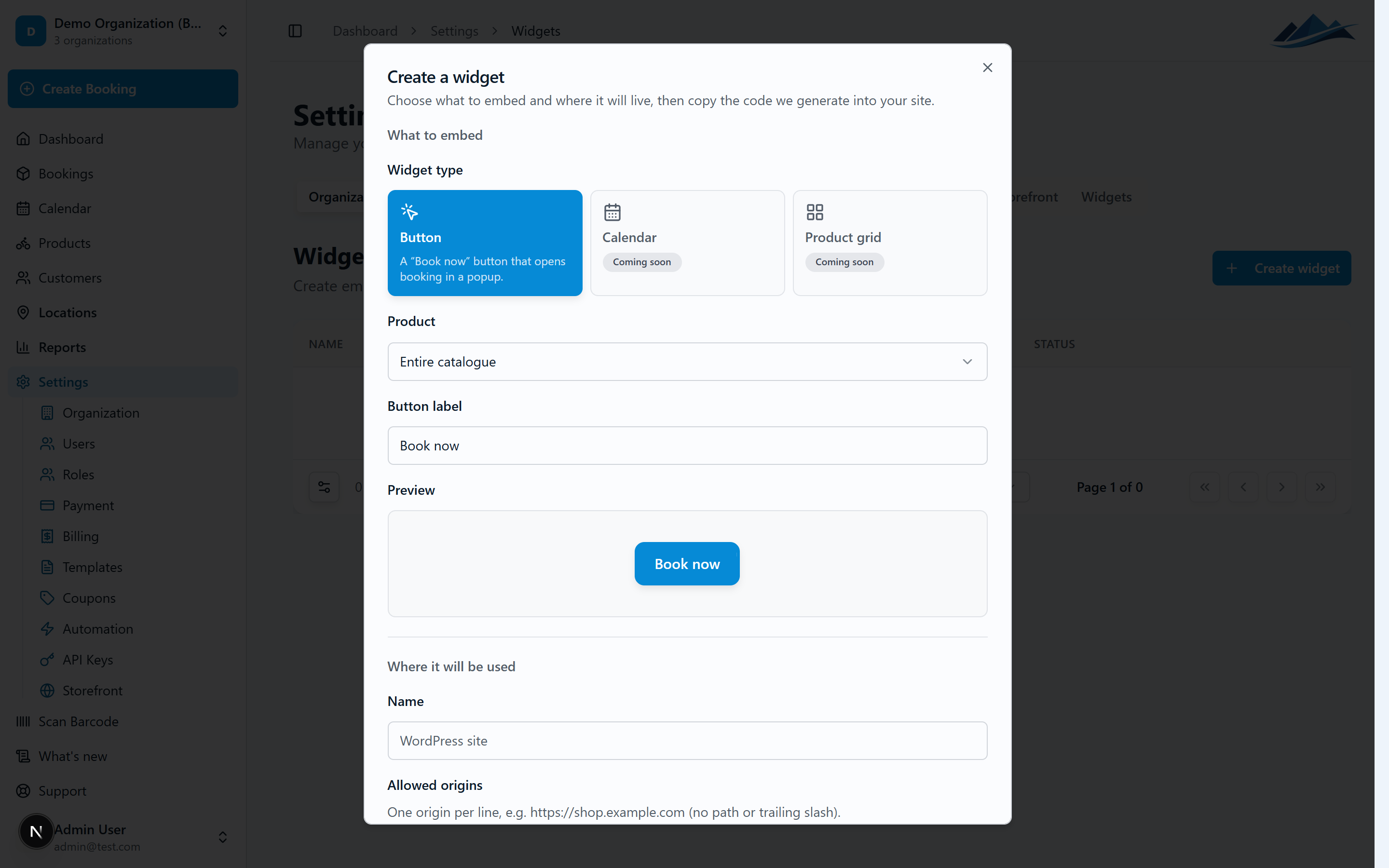 The guided create-widget dialog, with the type, product, label, and preview