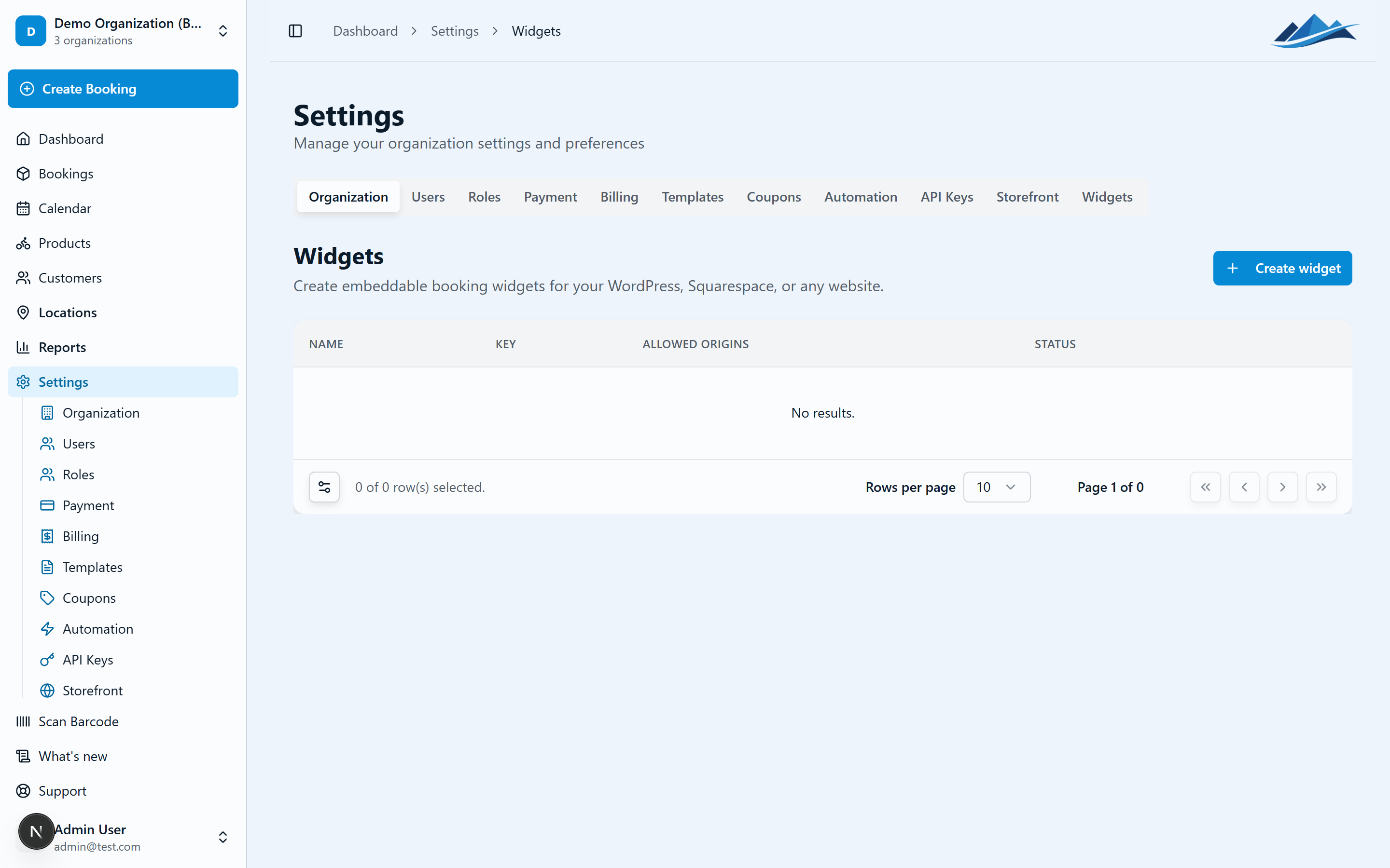The Widgets page in Settings