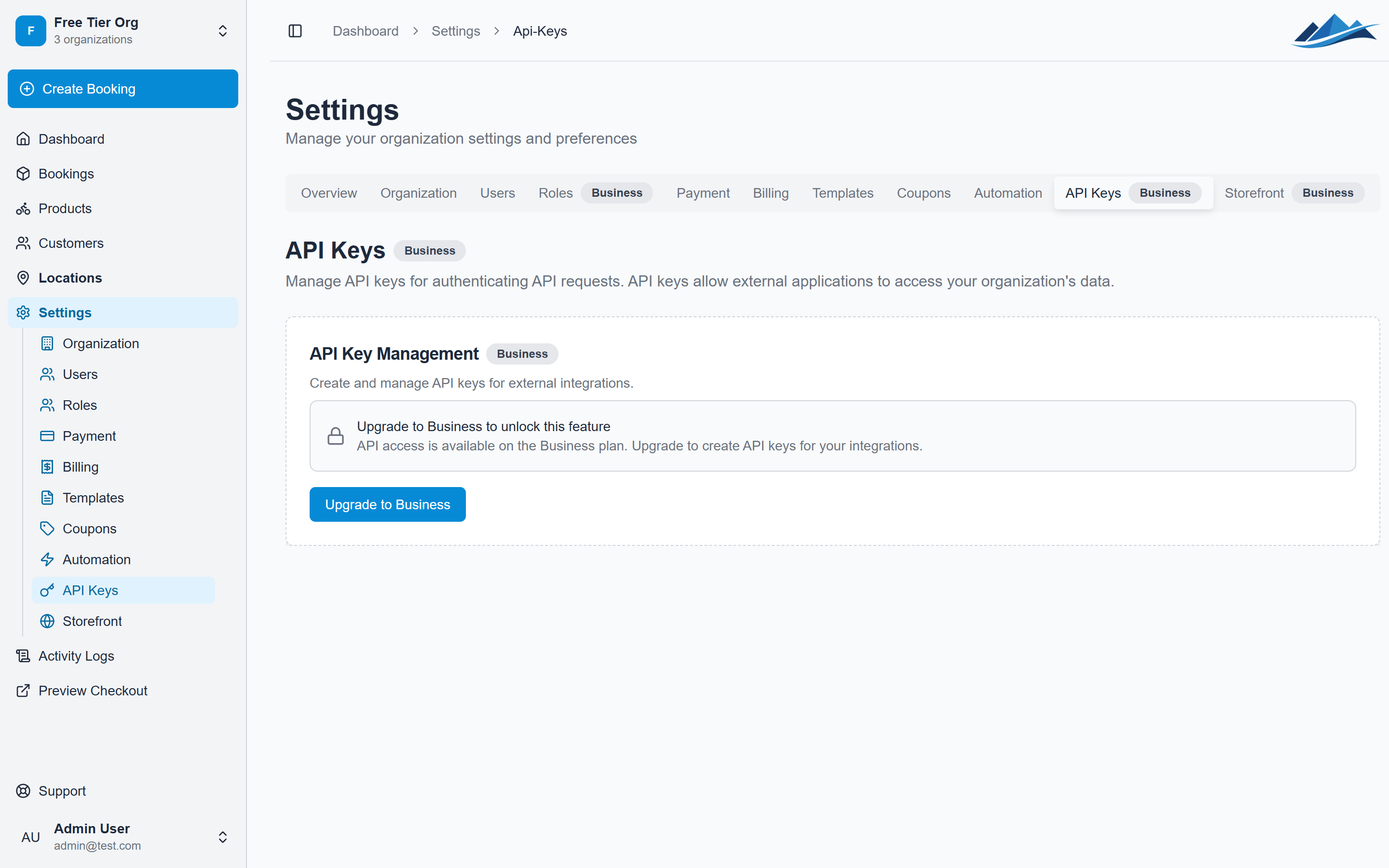 The API keys page in settings