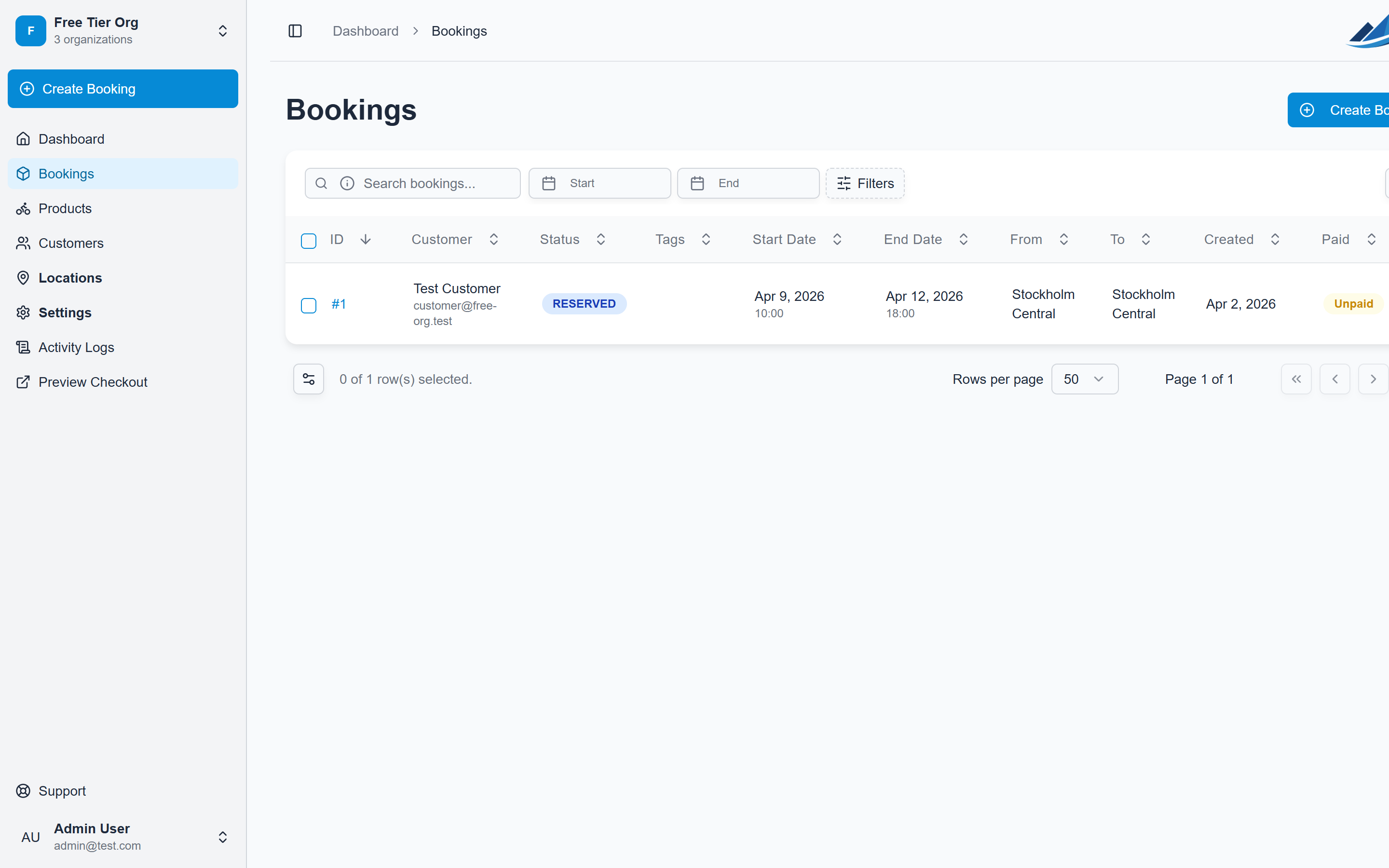 The bookings list with filters and status columns
