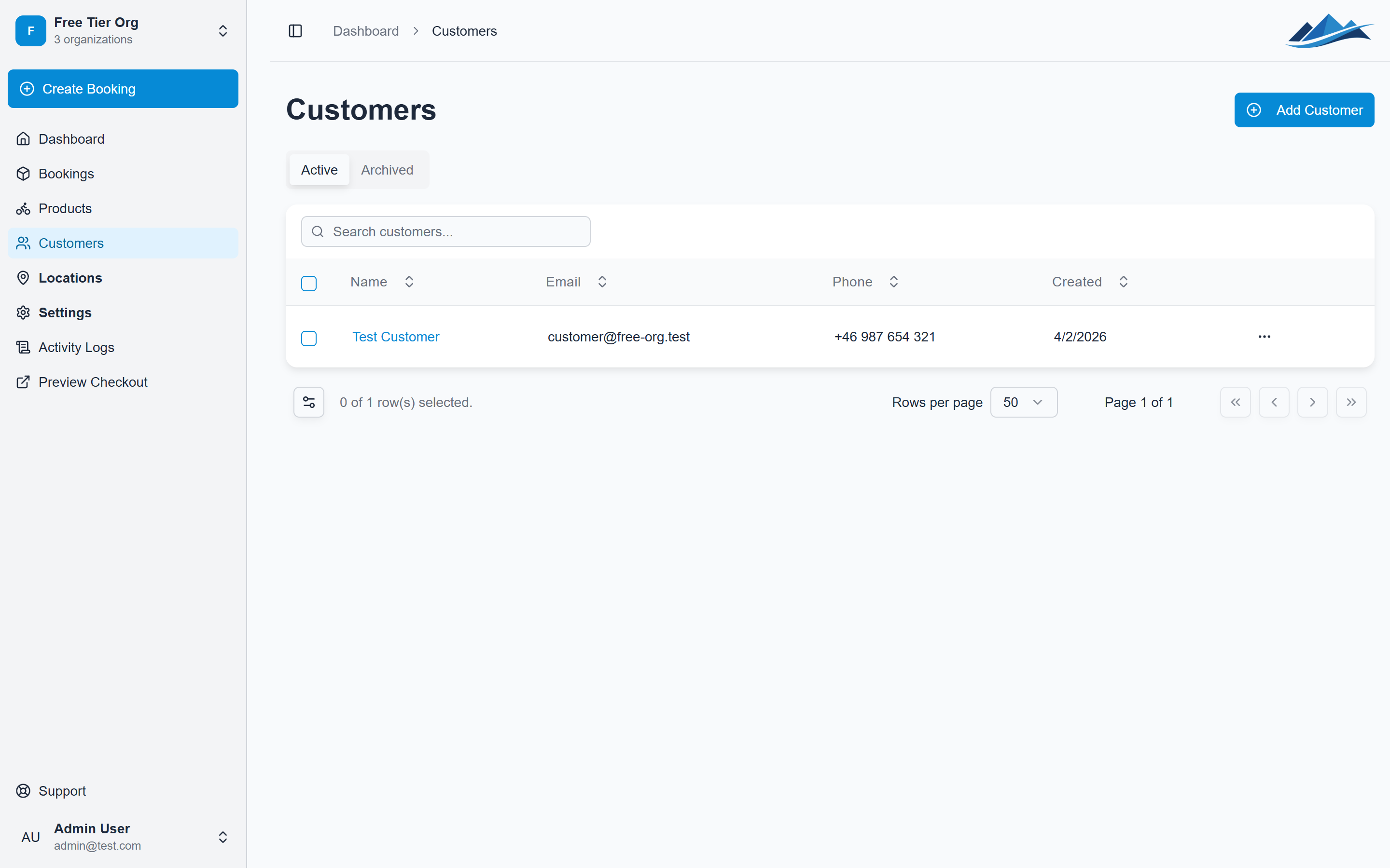 The customers list in the dashboard