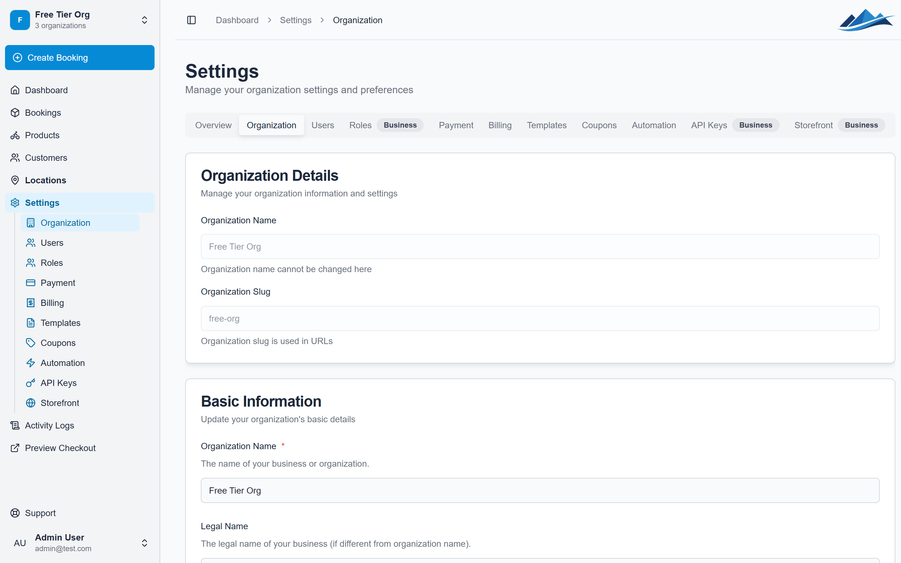The organization settings page