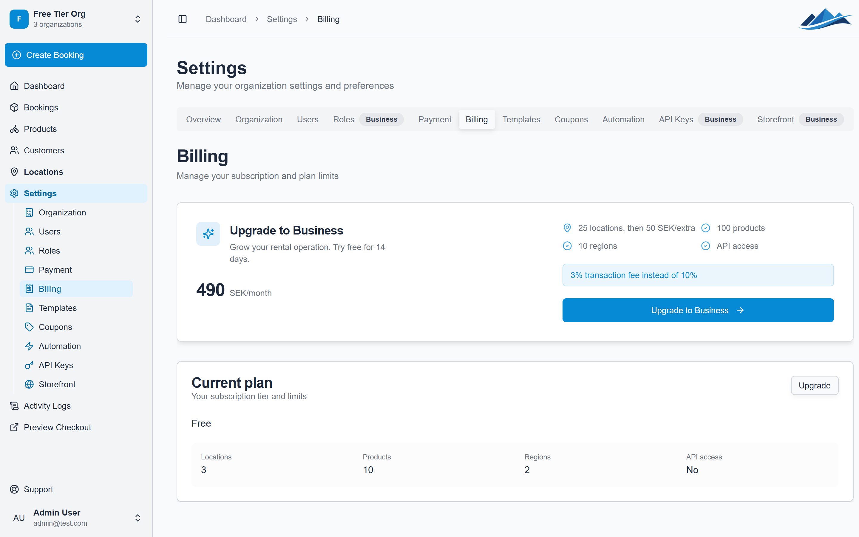 The billing and subscription page