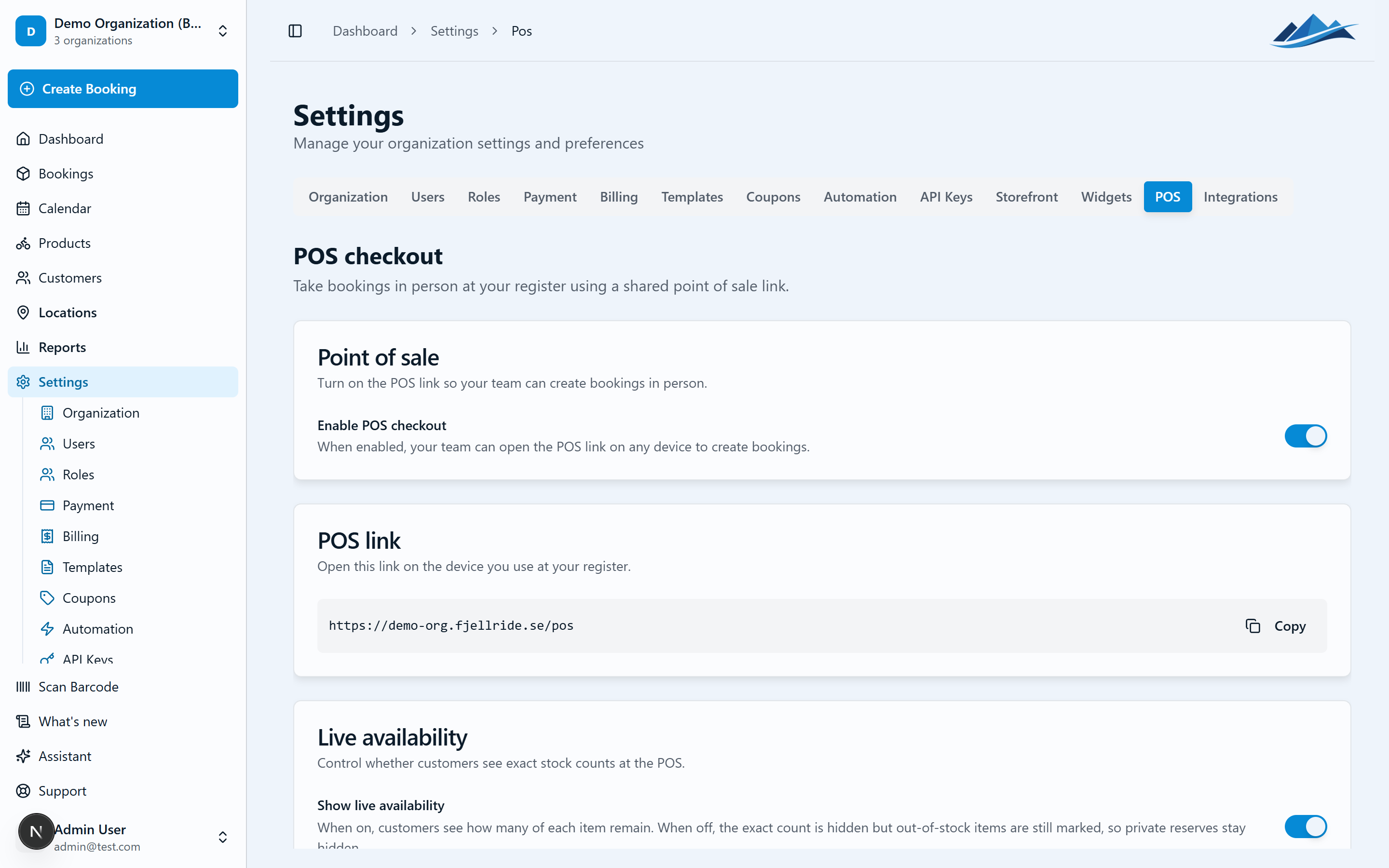 The POS settings page
