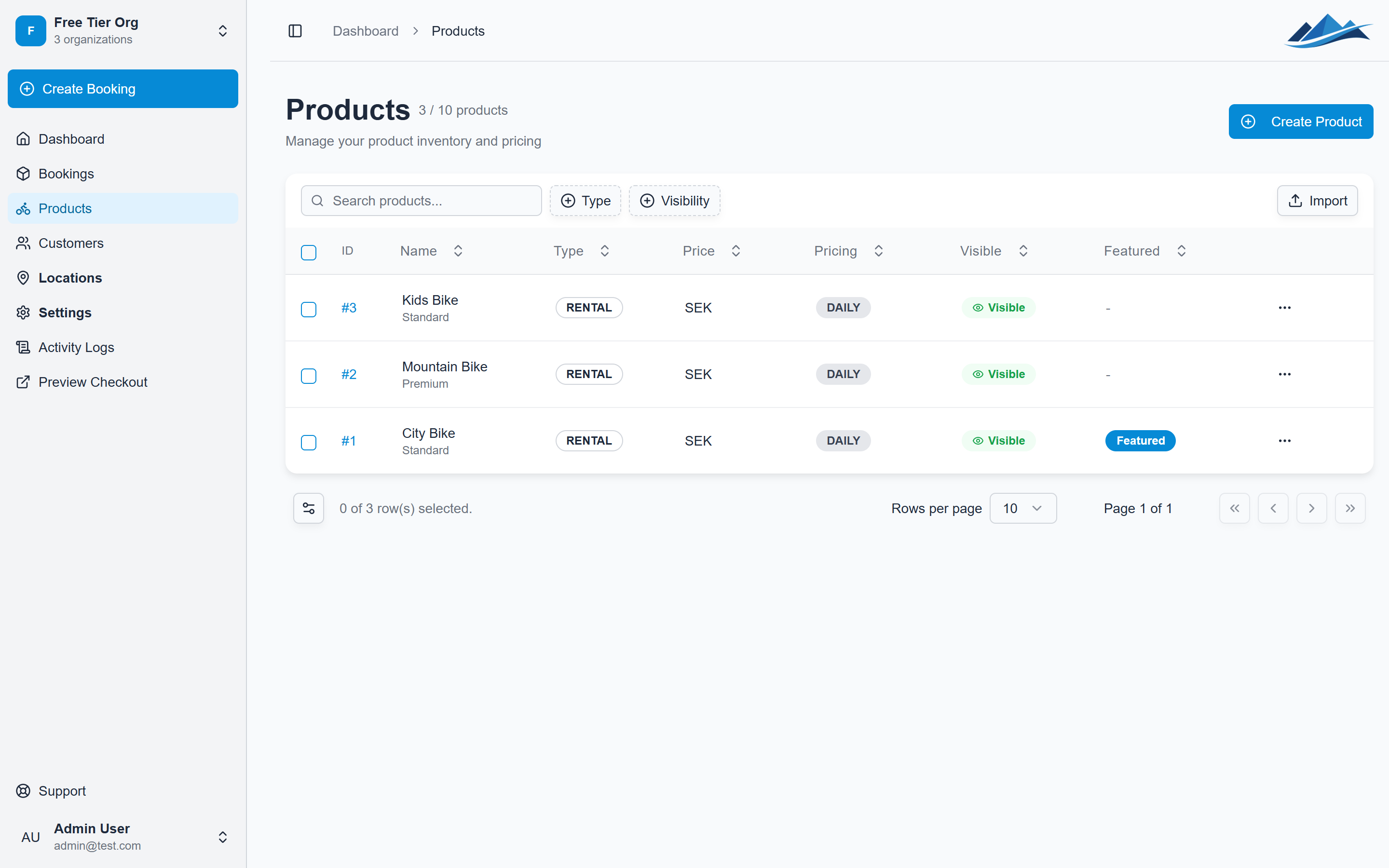 Products page overview