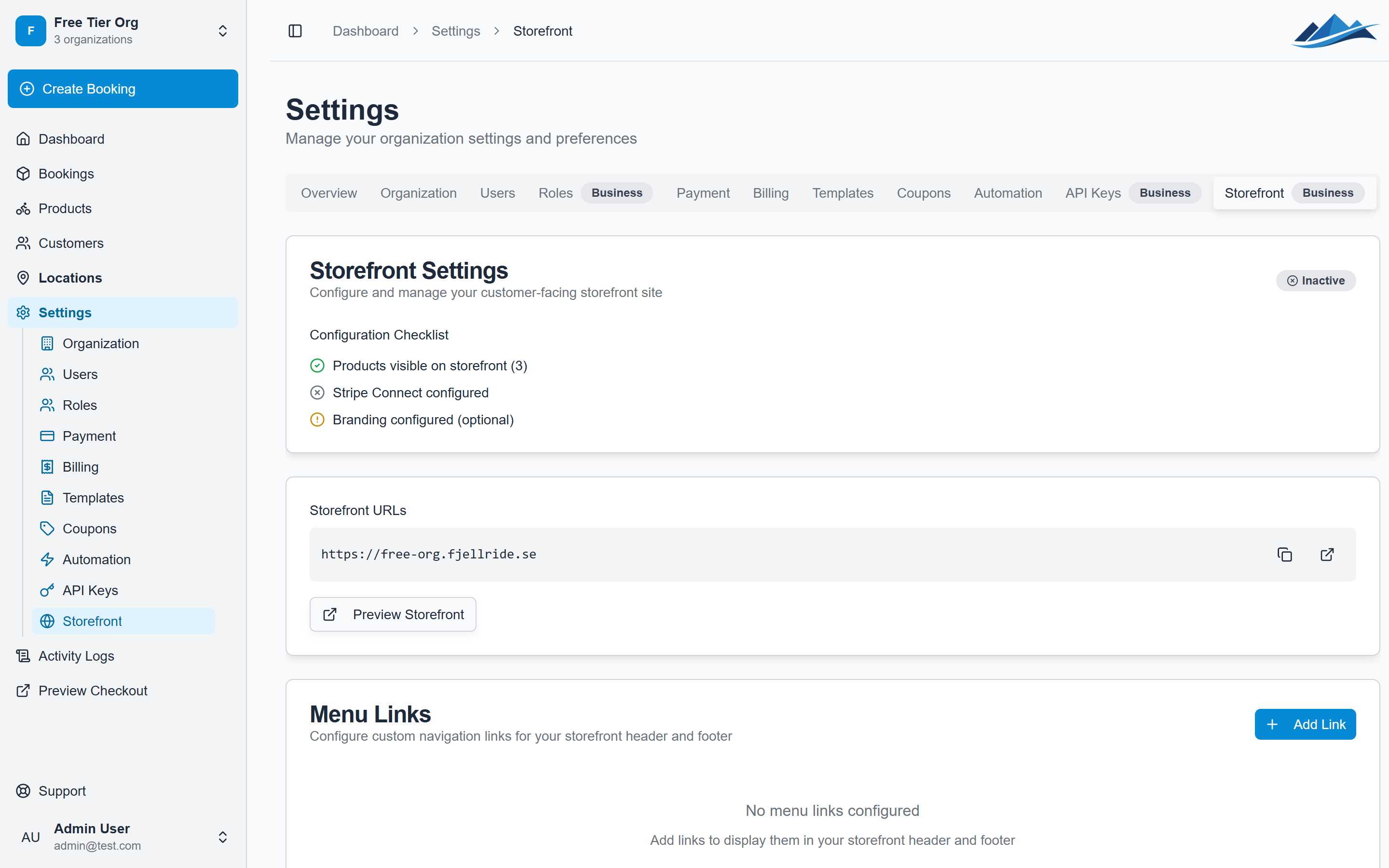 The storefront settings page